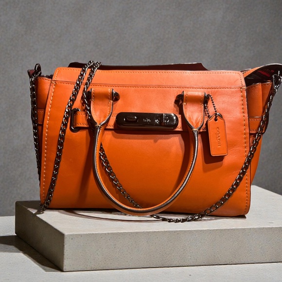 Coach Swagger 27 Orange Leather Handbag w/ Black Chain Crossbody - Picture 1 of 8
